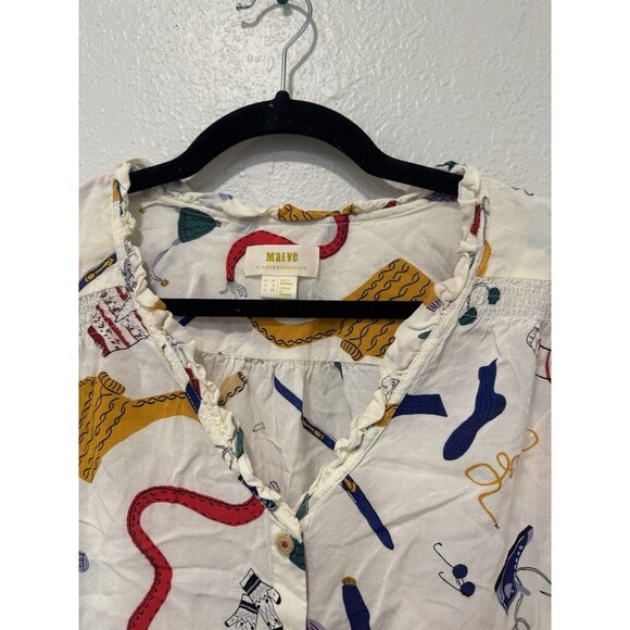 Anthropologie Maeve Snow Day Themed Button Up Blouse Ruffled Neck Novelty Sz 6 - Picture 5 of 7